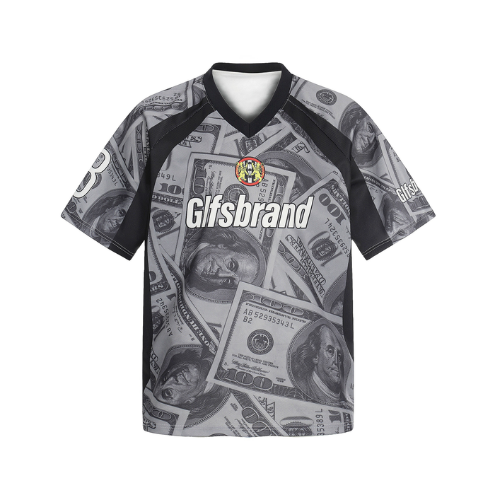 Black mesh football jersey with allover dollar bill print and large Gisbrand logo on the chest