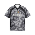 Black mesh football jersey with allover dollar bill print and large Gisbrand logo on the chest