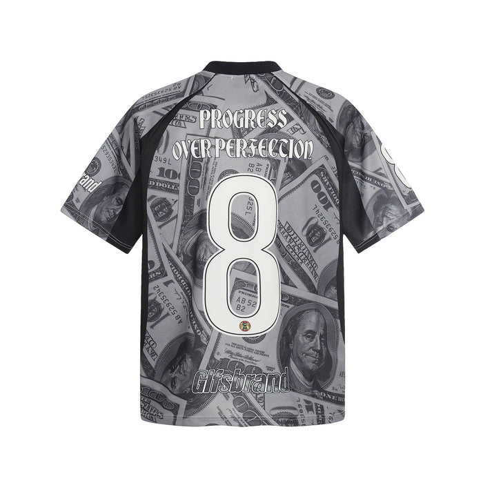 Gray mesh football jersey with dollar bill print, large number 8, and black trim on the back