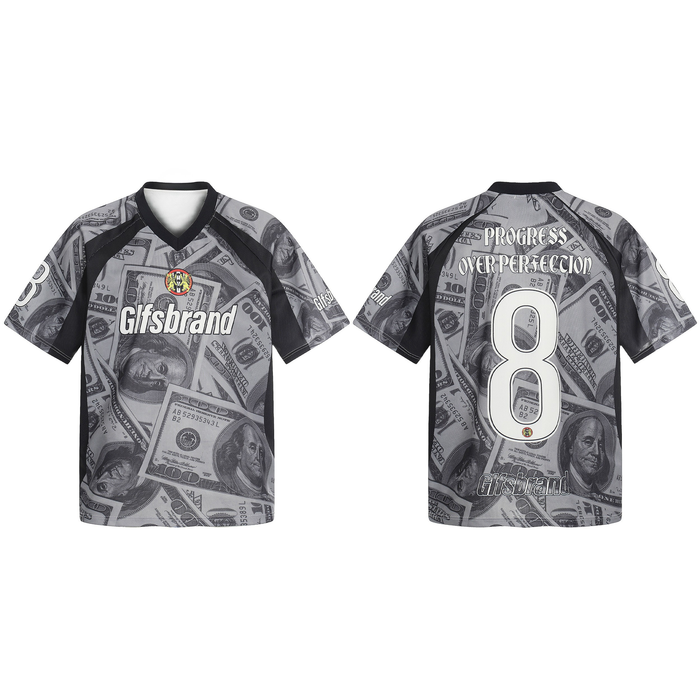 Gray mesh football jersey with dollar bill print, black trim, front logo, and large number 8 on the back