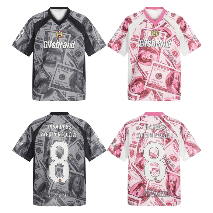 Dollar bill print mesh football jersey in black and pink, featuring oversized number 8 and streetwear graphics