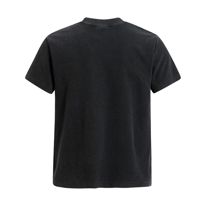 Black waffle knit short-sleeve T-shirt with ribbed collar, shown from the back on a plain white background
