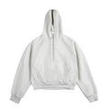 Light gray half-zip cropped hoodie with hood and kangaroo pocket, front view