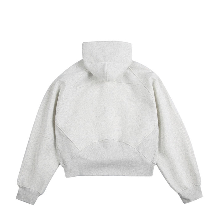 Light gray cropped hoodie back view with hood and ribbed hem