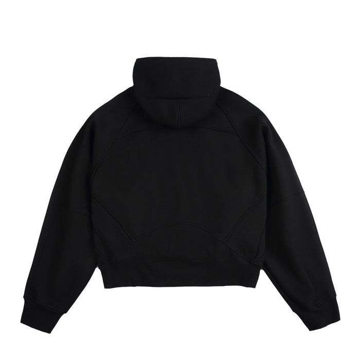 Black cropped hoodie back view with high hood and ribbed hem