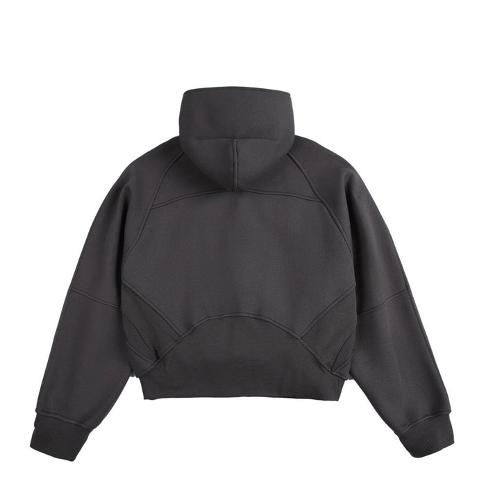 Dark charcoal cropped hoodie back view with structured hood and seam details