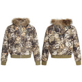 Front and back view of a skull camo print bomber jacket with faux-fur hood trim and olive ribbed cuffs