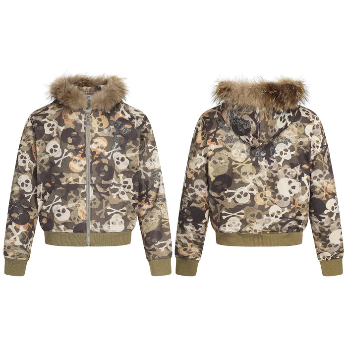 Front and back view of a skull camo print bomber jacket with faux-fur hood trim and olive ribbed cuffs