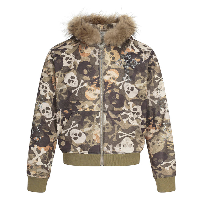 Front view of camouflage bomber hoodie jacket with skull print, faux fur hood trim and ribbed hem
