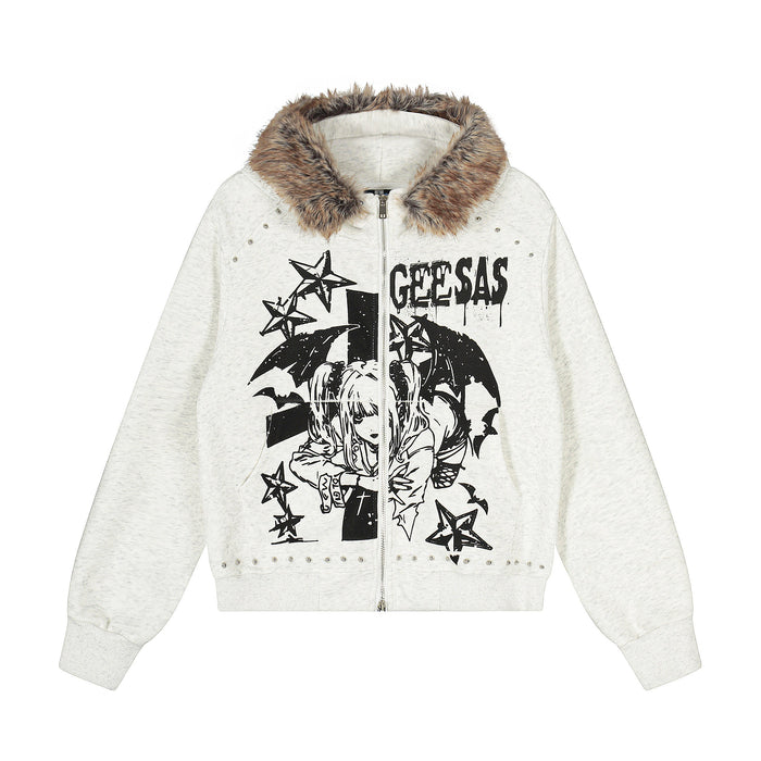 Front view of white zip hoodie with faux-fur collar, black anime graphic and studded details