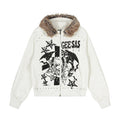Front view of white zip hoodie with faux-fur collar, black anime graphic and studded details