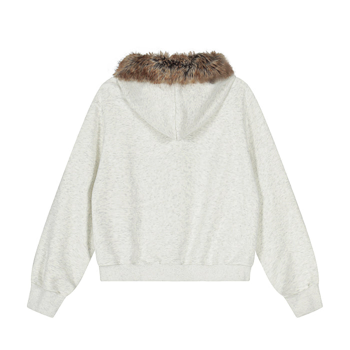 Back view of white hoodie showing faux-fur collar and plain textured fabric