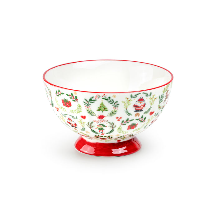Festive Holiday Elf and Santa Fine Porcelain Bowl