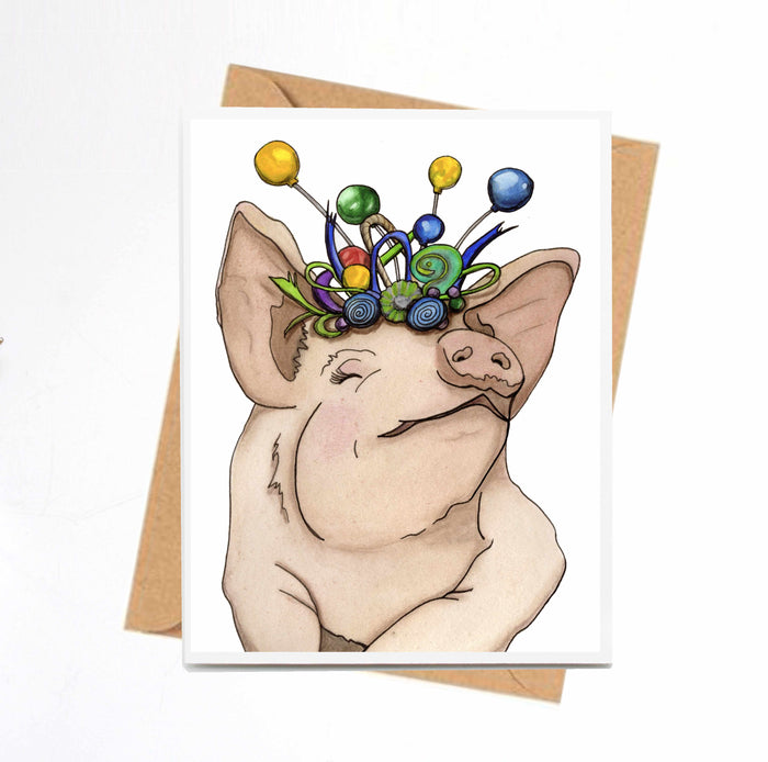 PinkPolish Design Note Cards "Festive Pig" Handmade Notecard