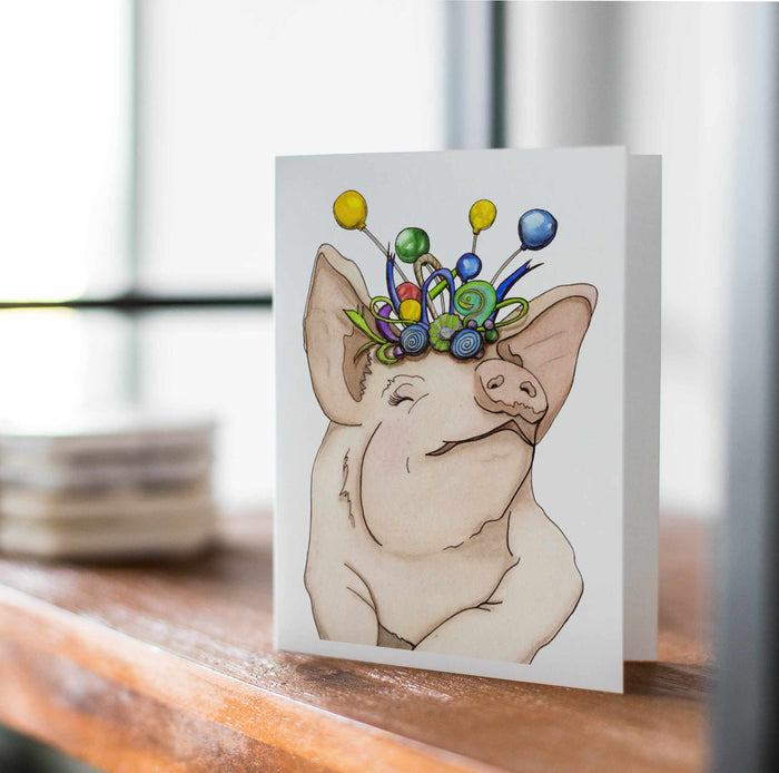 PinkPolish Design Note Cards "Festive Pig" Handmade Notecard