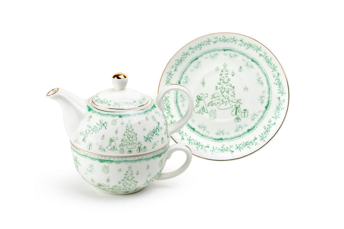 Festive Pup and Tree Fine Porcelain Tea For One Set