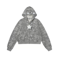 Gray starburst zip hoodie with hood up, fleece lining, and plush star charm on the front