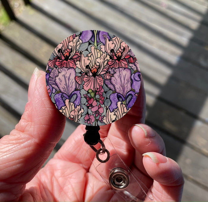 PinkPolish Design Badge Reels & Lanyards "Floral Repetition" Retractable Badge Reel
