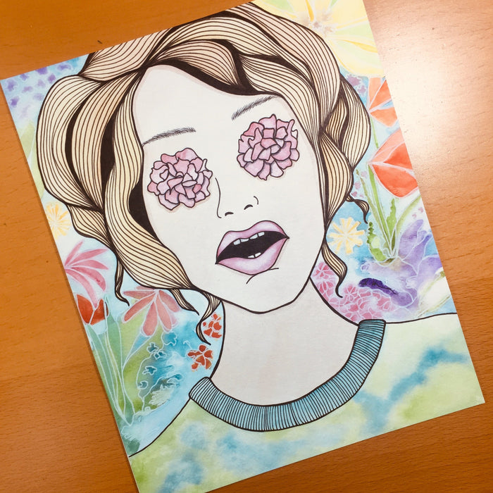 PinkPolish Design Original Art "Flower Power" Floral Inspired Original Watercolor & Ink Illustration