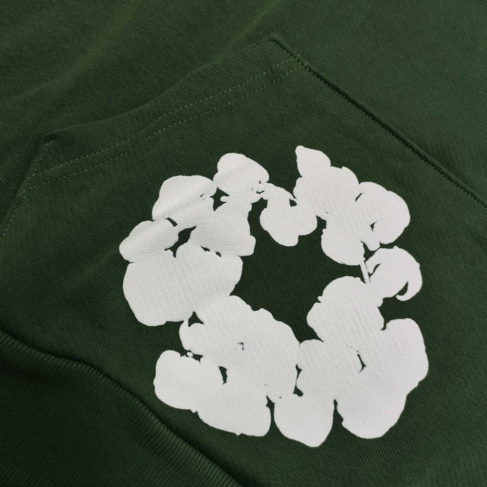 Forest Green “Cotton Wreath” Denim Tears Hoodie – White Floral Print Streetwear Pullover