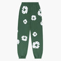 Forest Green “Cotton Wreath” Denim Tears Sweatpants feature an elastic waistband and cuffs, adorned with white floral prints—a signature streetwear design from Denim Tears.