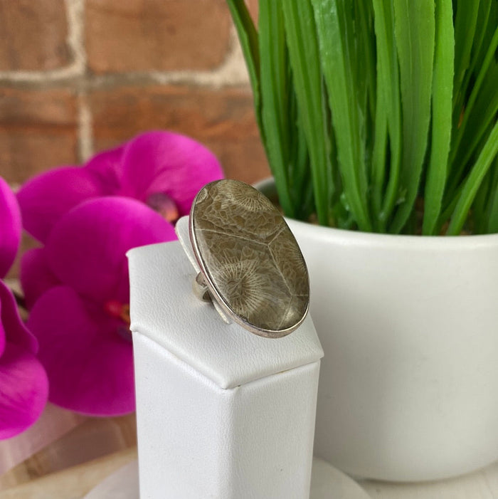 Fossilized Coral Gemstone Ring 1" with sterling silver Adjustable Band