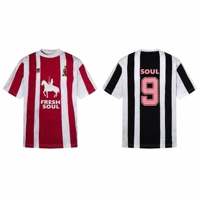 Omirad Fresh Soul Striped Jersey Tee front and back view showing red-white and black-white vertical stripes with knight graph