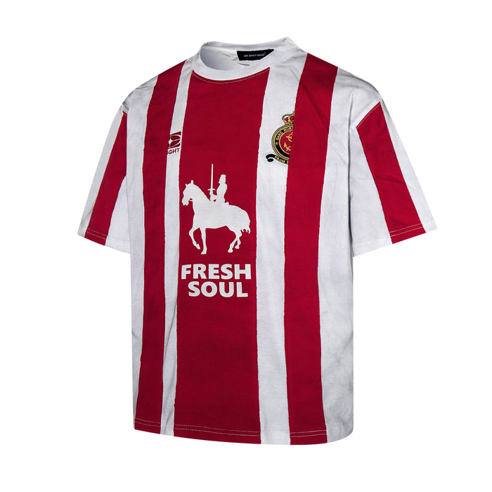Red and white striped football jersey tee with Fresh Soul graphic and crest detail on front