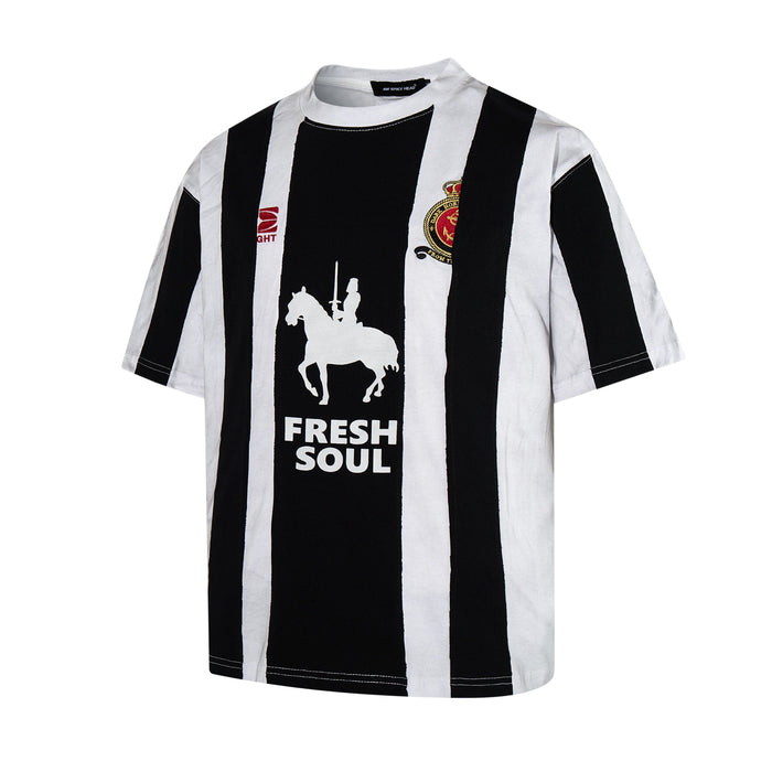 Black and white striped football jersey tee with Fresh Soul graphic and crest detail on the chest