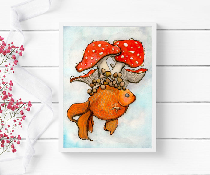 PinkPolish Design Art Prints "Fungi Fish" Watercolor Painting: Art Print