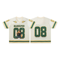 Cream varsity football jersey with Garfield cartoon graphic, green and yellow number 08 print, star accents, front and back v