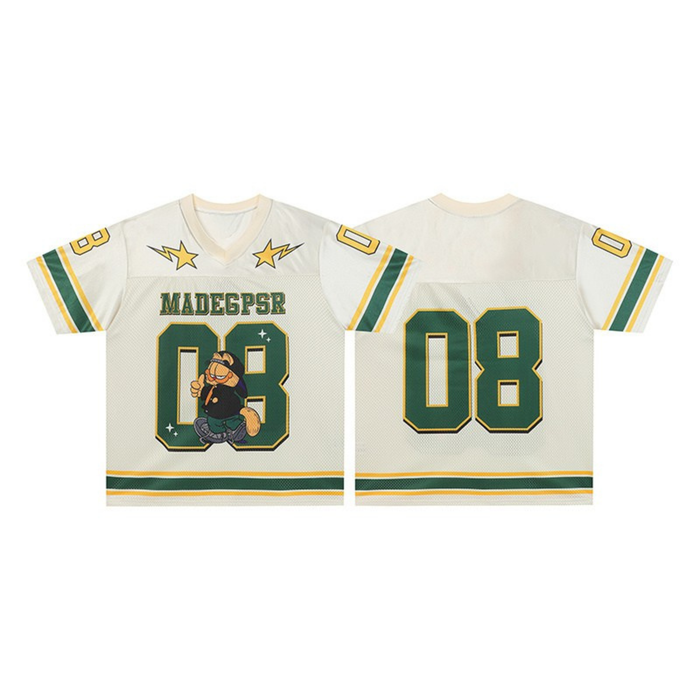 Cream varsity football jersey with Garfield cartoon graphic, green and yellow number 08 print, star accents, front and back v