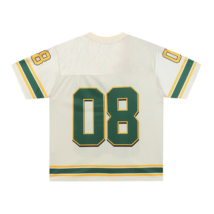 Cream varsity football jersey with green and yellow stripes, large 08 graphic, and streetwear styling