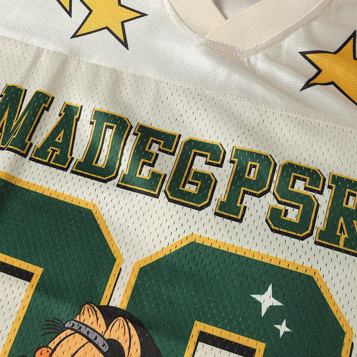 Garfield varsity football jersey with green and gold lettering, star graphics, and mesh streetwear fabric close-up