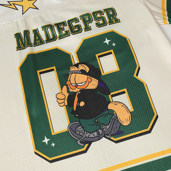 Garfield graphic varsity football jersey with large green number 08 and star accents on cream mesh fabric