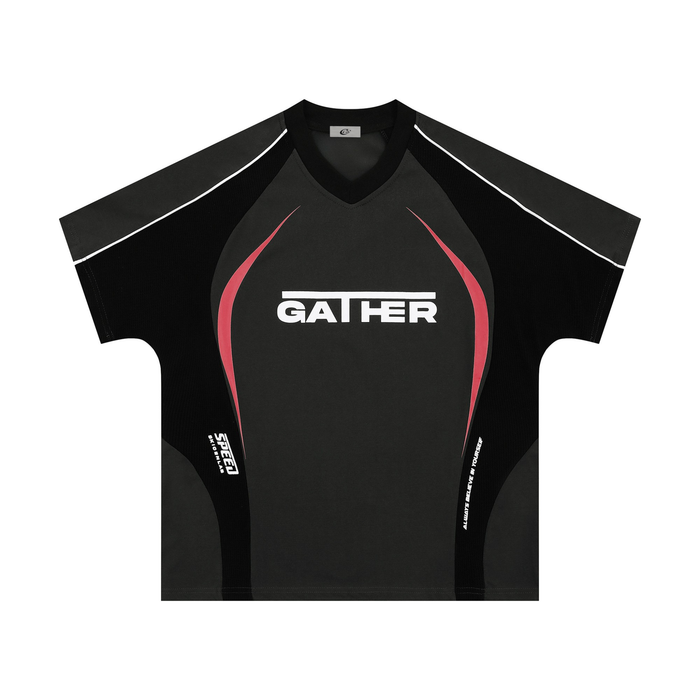 Black V-neck athletic tee with red curve panels and white Gather logo, sporty short-sleeve streetwear style