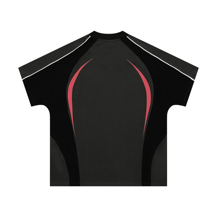 Black athletic tee with red curved side panels, white shoulder piping, and a sporty V-neck design