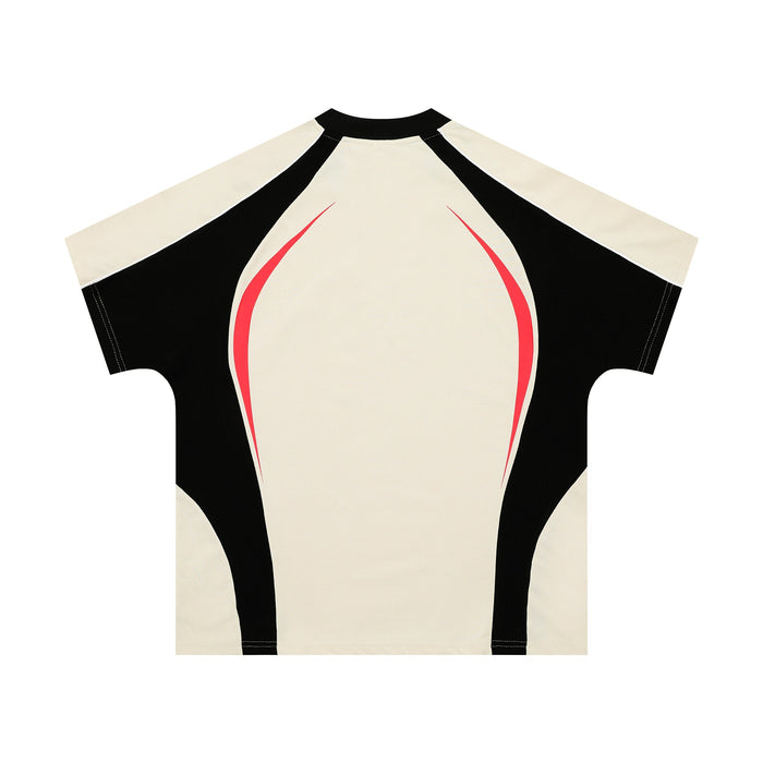 Cream and black athletic tee with bold red curved side panels and a sporty V-neck design