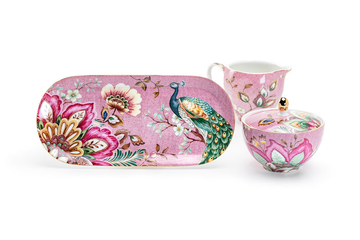 Gift Boxed Peacock Lotus Garden Pink Fine Porcelain Sugar Creamer & Serving Tray Set