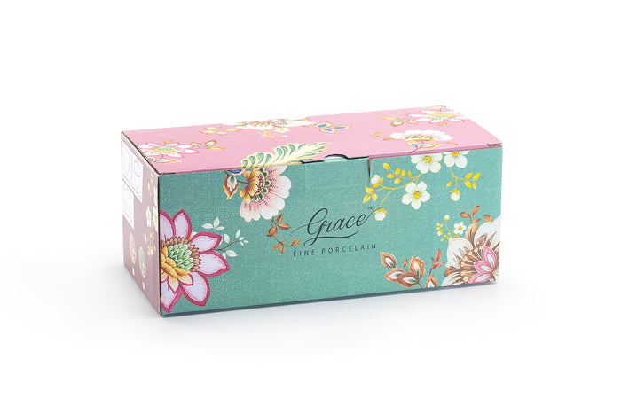 Gift Boxed Peacock Lotus Garden Pink Fine Porcelain Sugar Creamer & Serving Tray Set