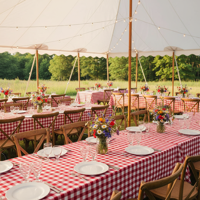 Gingham Checkered Rectangular Polyester Tablecloth 60"x120" - Red & White for countryside reception with white dinner plate | wine goblets