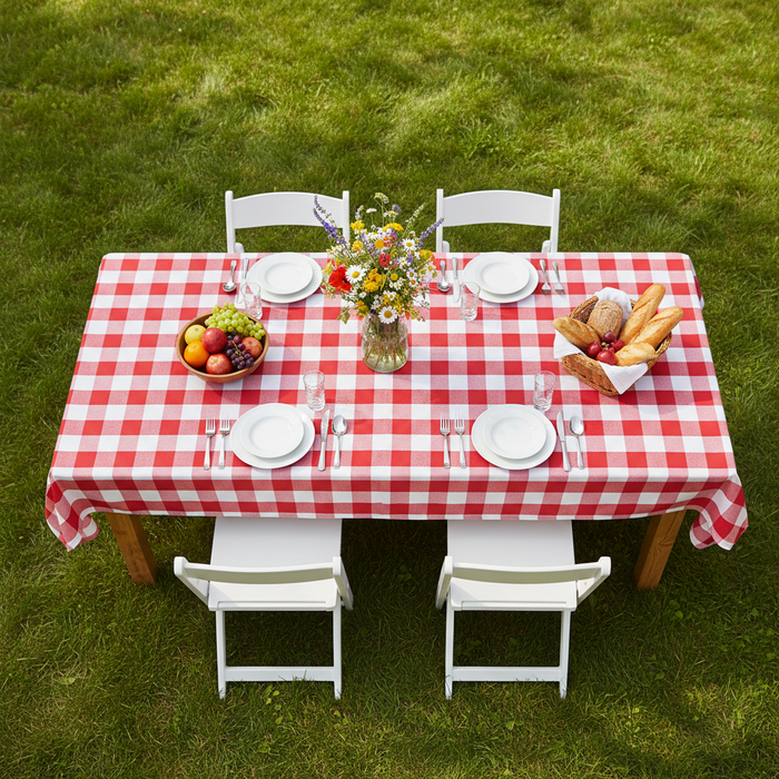 Gingham Checkered Rectangular Polyester Tablecloth 60"x120" - Red & White for countryside reception with white dinner plate | wine goblets