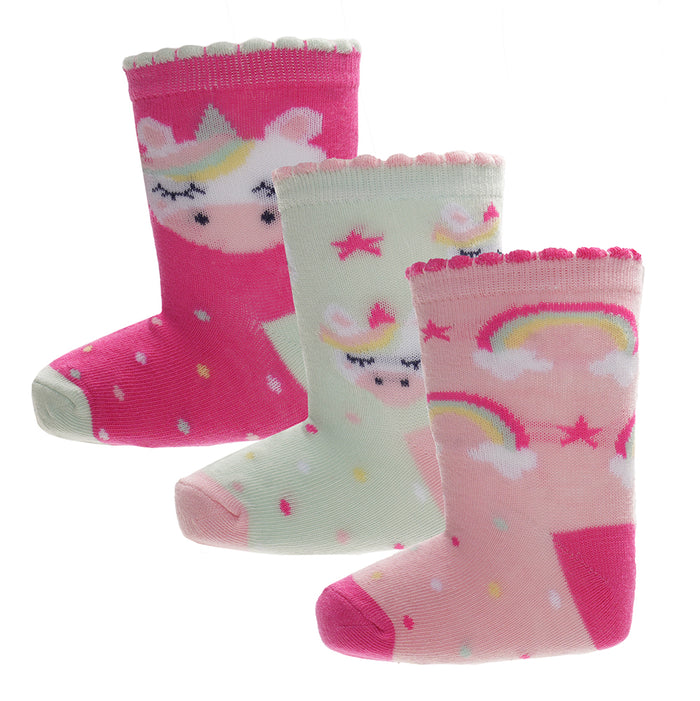 Girls 3pk Socks -Rainbow/Unicorn (PK12) (0-0 to 3-5.5) SK1413