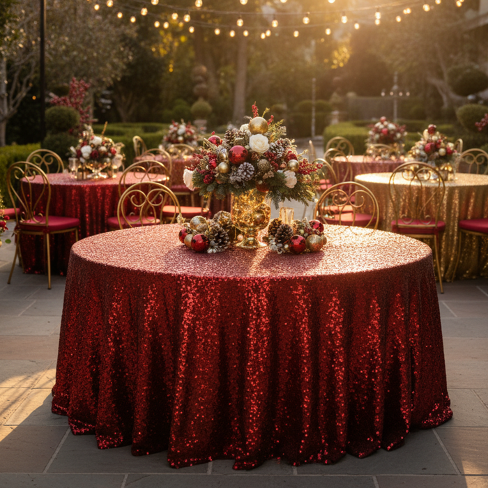 Holiday Outdoor - Apple Red Sequin Round Tablecloth