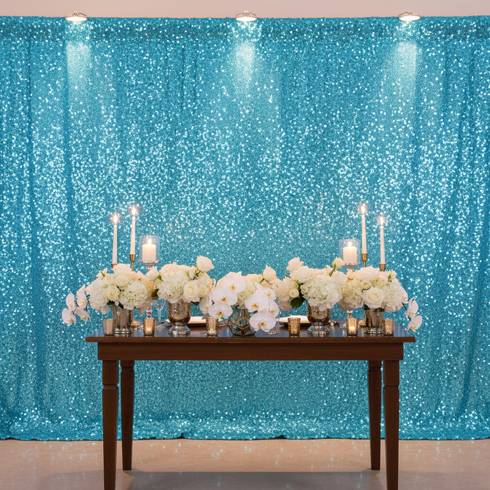 Glitz Sequin Drape Backdrop - Aqua Blue Mockup