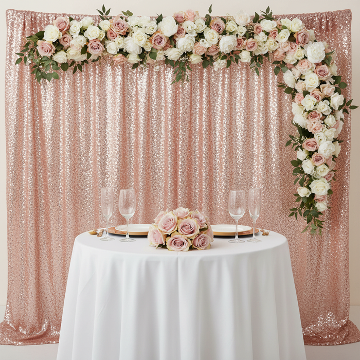 Glitz Sequin 10ft H x 52" W Drape/Backdrop panel - Blush/Rose Gold with flower premade runner
