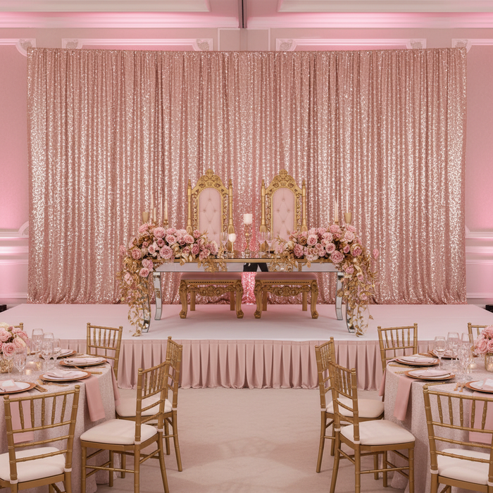 Glitz Sequin 10ft H x 52" W Drape/Backdrop panel - Blush/Rose Gold for quinceanera