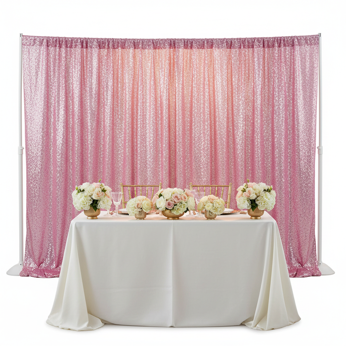 Glitz Sequin 10ft H x 52" W Drape/Backdrop panel - Pink at the back of a sweetheart table for wedding reception