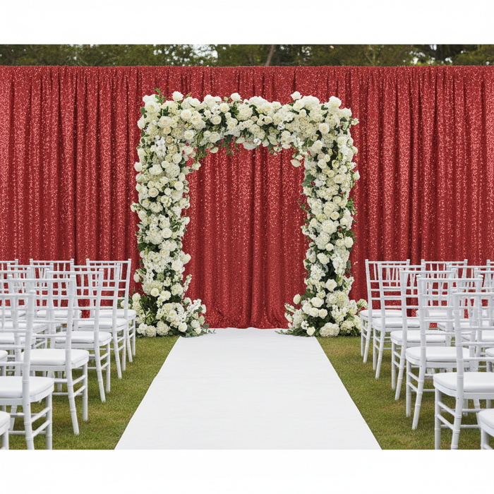 Glitz Sequin 10ft H x 52" W Drape/Backdrop panel - Red for wedding ceremony with flower premade runner