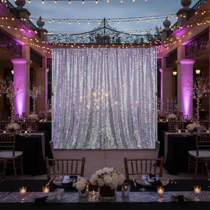 Silver 12ft Sequin Drape at Prom Banquet Hall